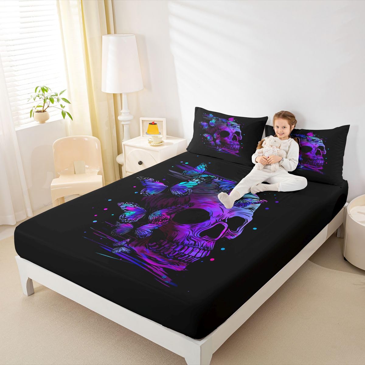 Erosebridal Purple Skull Bed Sheet Set King,Retro Psychedelic Butterfly Bed Sheets Gothic Sugar Skull Bedding Set for Girls Teens Women Room Halloween Fitted Sheet + Flat Sheet + 2 Pillow Cases Black