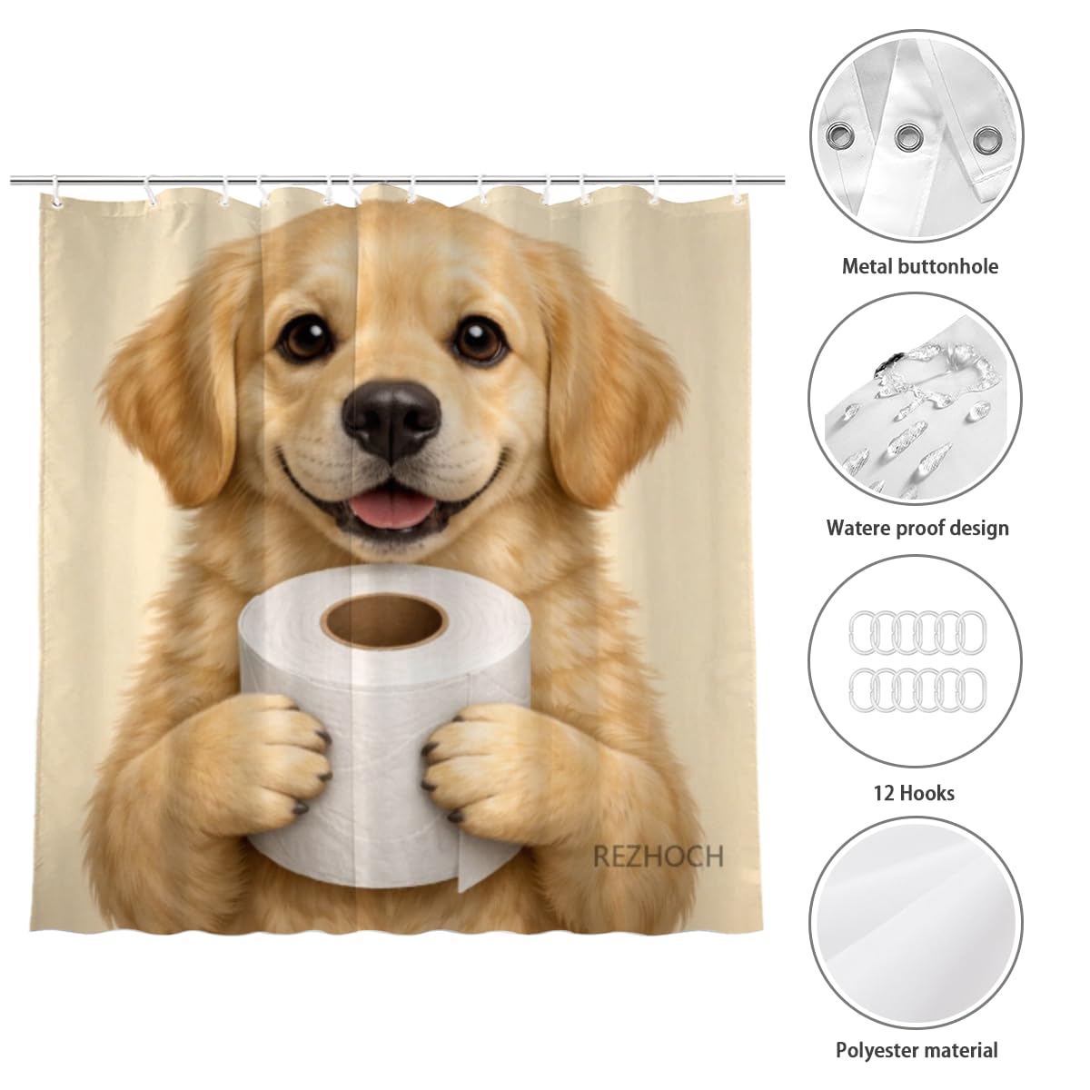 REZHOCH Funny Golden Retriever Shower Curtain 72x72 Inch,Cute Puppy Holding Toilet Paper,Humor Animal Art Home Bathroom Farmhouse Decor,Waterproof Fabric Bath Curtain Set with Hooks
