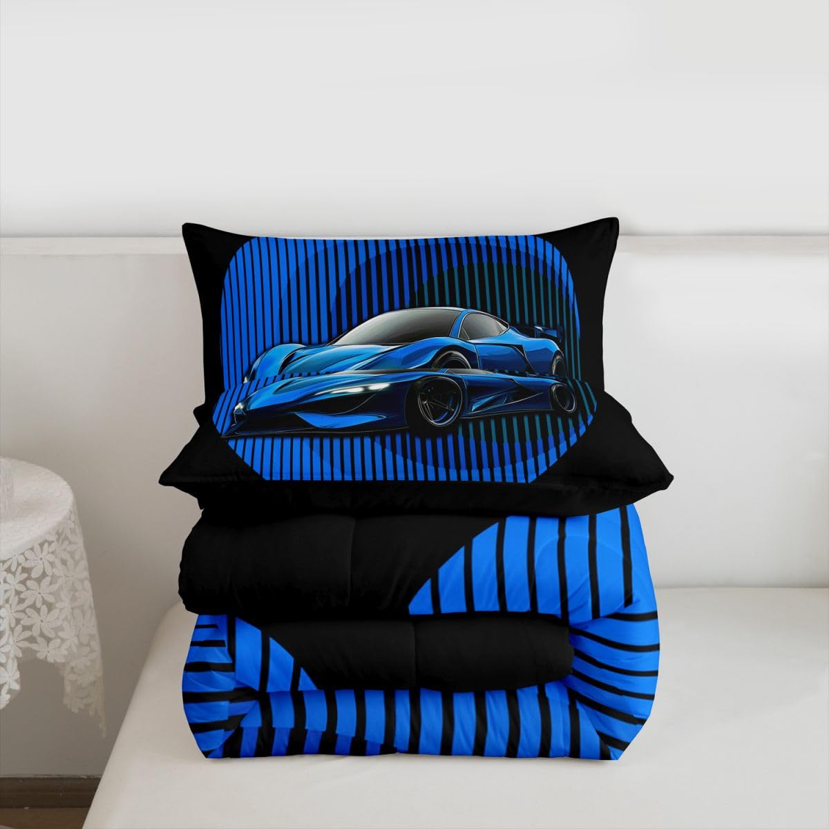 jejeloiu Racing Car Comforter Set All Season Race car Geometric Bedding Set with 1 Pillow Cases Speed Sports Car Kids Twin Bedclothes Extreme Sports Bedroom Decor Duvet Quilt Breathable Soft