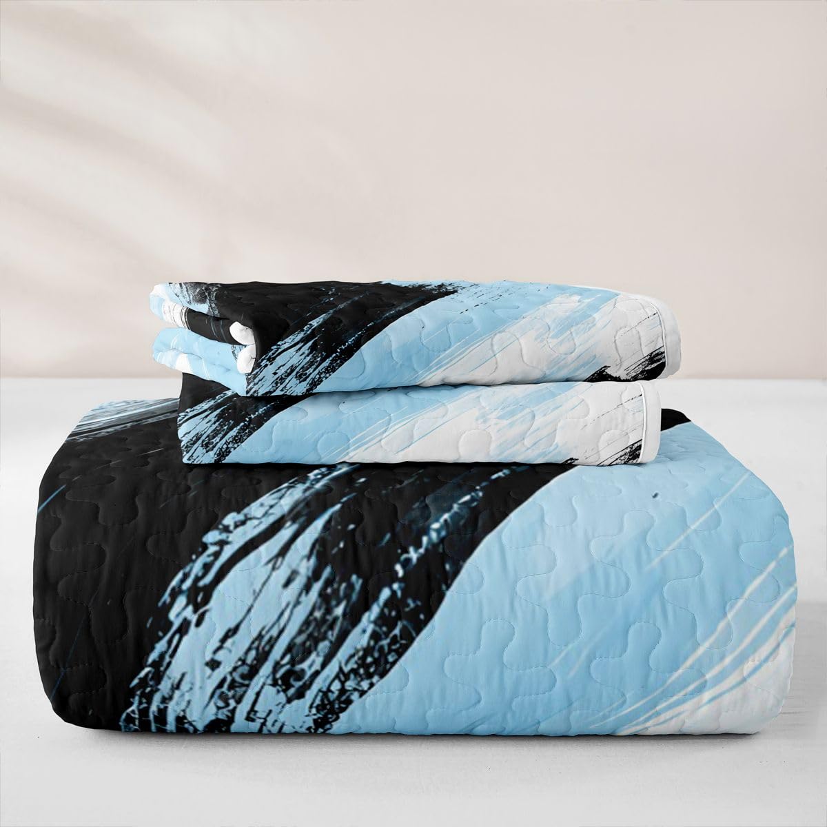 Feelyou Blue Black White Bedding Set Kids Abstract Quilt Sets Queen Size Modern Stripes Bedspread Coverlet for Room Soft Modern with 2 Pillow Case