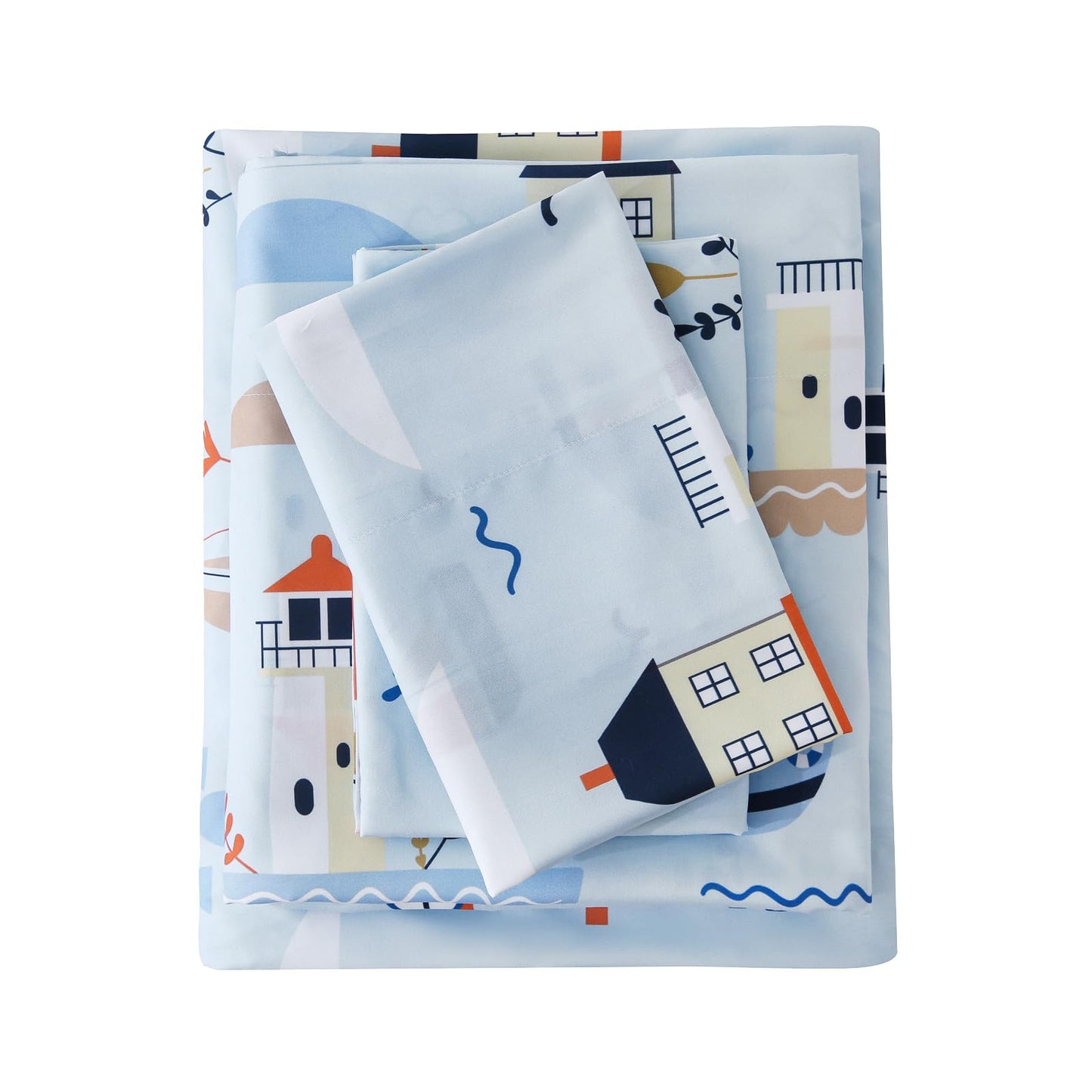 MCO Sailboat Kids Full Size Bed Sheets, Soft Microfiber Full Size Sheets for Boy Girls, 4 Pieces Breathable Full Bed Sheet Lighthouse