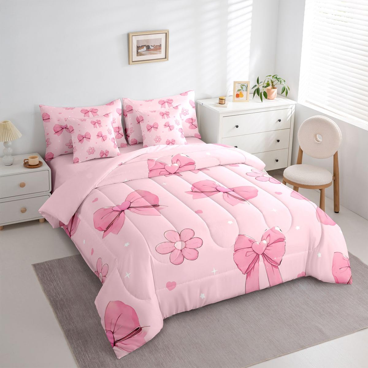 Erosebridal Pink Bows 7 Piece Comforter Set King Size Girly Bowknot Bedding Set for Kids Girls Bedroom Pink Bows Comforter with Sheets Microfiber Bow Ribbon Heart Pattern Quilt Set Flower Bed Set