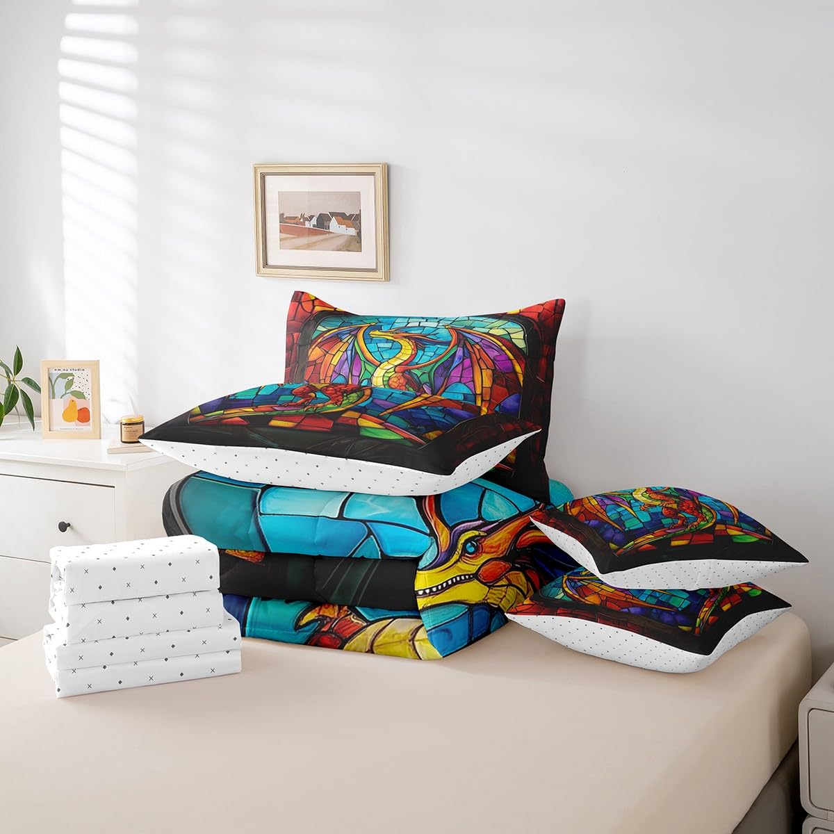 Erosebridal Western Dragon Bed in A Bag with Sheets Exotic Boho Style Dragon Twin Comforter Set 7 Piece Fantasy Dragon Bedding Set for Kids Boys Teen Men Magical Wildlife Animal Bed Set