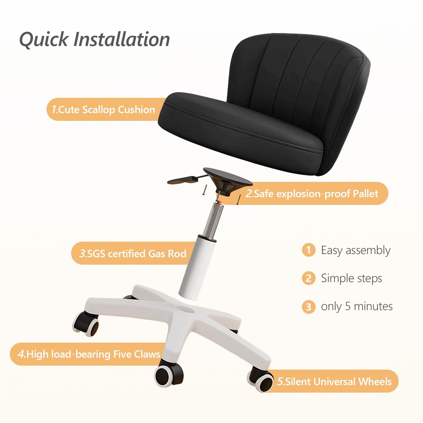 XUEGW Small Scallop Desk Chair with Back, Cute Armless Rolling Vanity Chair with PU Leather, Comfy Office Task Computer Chairs Height Adjustable for Bedroom