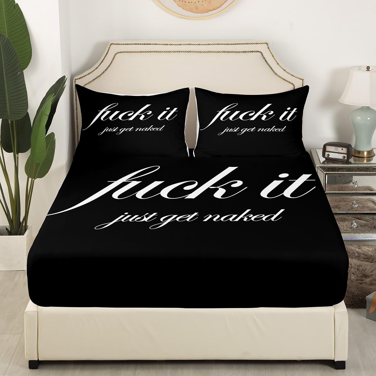 Funny Quotes Fitted Sheet & Pillow Sham Set Get Naked Bedding Set for Couple Lover Men Women Romantic Bed Sheet Set Black and White Creative Words Bed Cover No Flat Sheet Room Decor 3Pcs Full Size