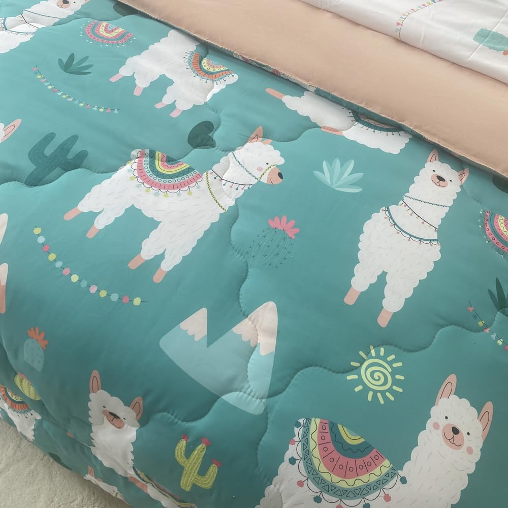 Wajade Kids Cute Llama Comforter Set Bed in A Bag Full Size 7 Piece Green Alpaca Tropical Plant Bedding Set for Girls Boys (1 Comforter, 1 Flat Sheet, 1 Fitted Sheet, 2 Pillowcase and 2 Pillow Sham)