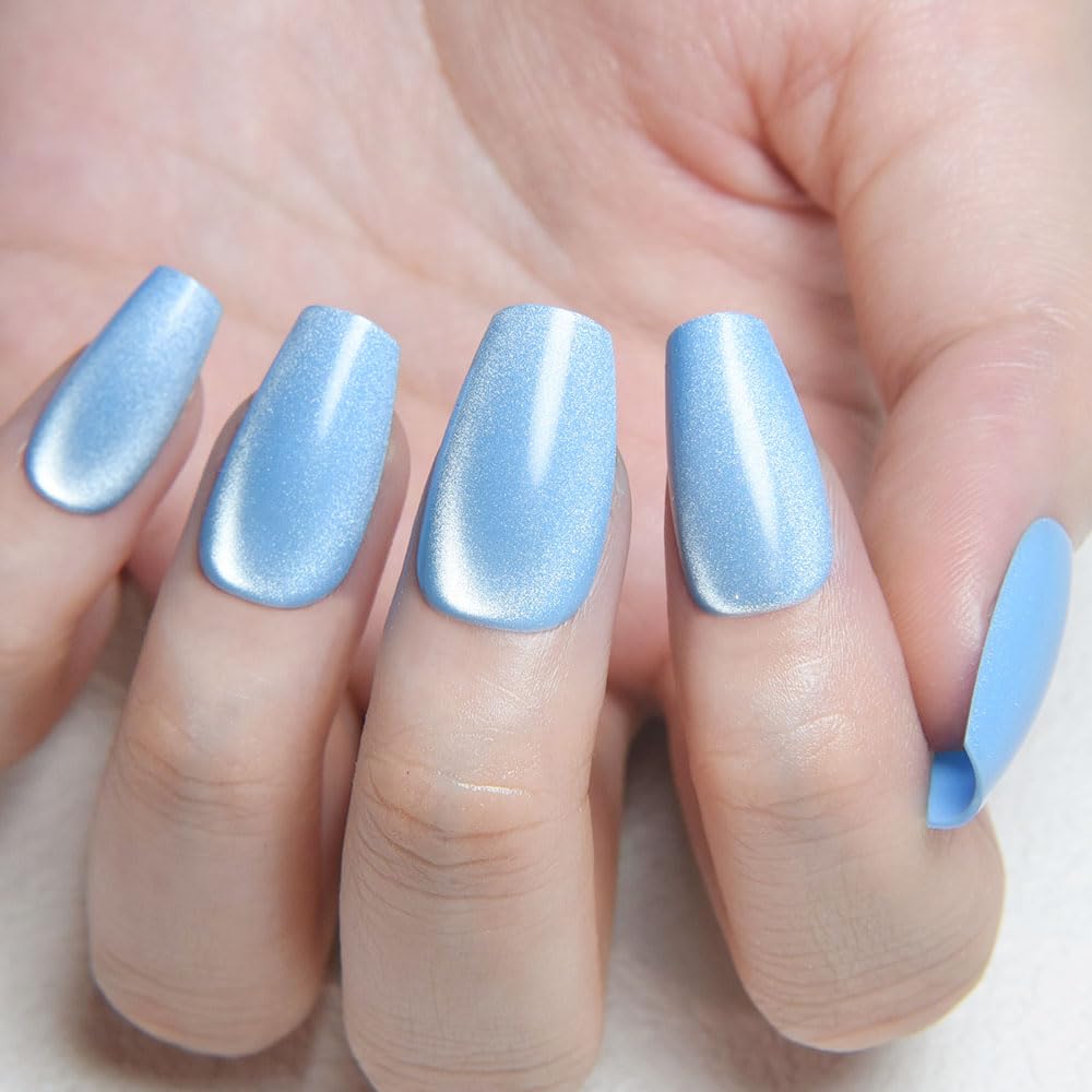 evpct Sky Blue Cat Eye Coffin Press on Nails Medium Square No Glue, Medium Square Stick on Nail for Women, Sky Blue Metallic Glitter Glossy Reusable Summer Soft Press on Acrylic Fake Nail with Design