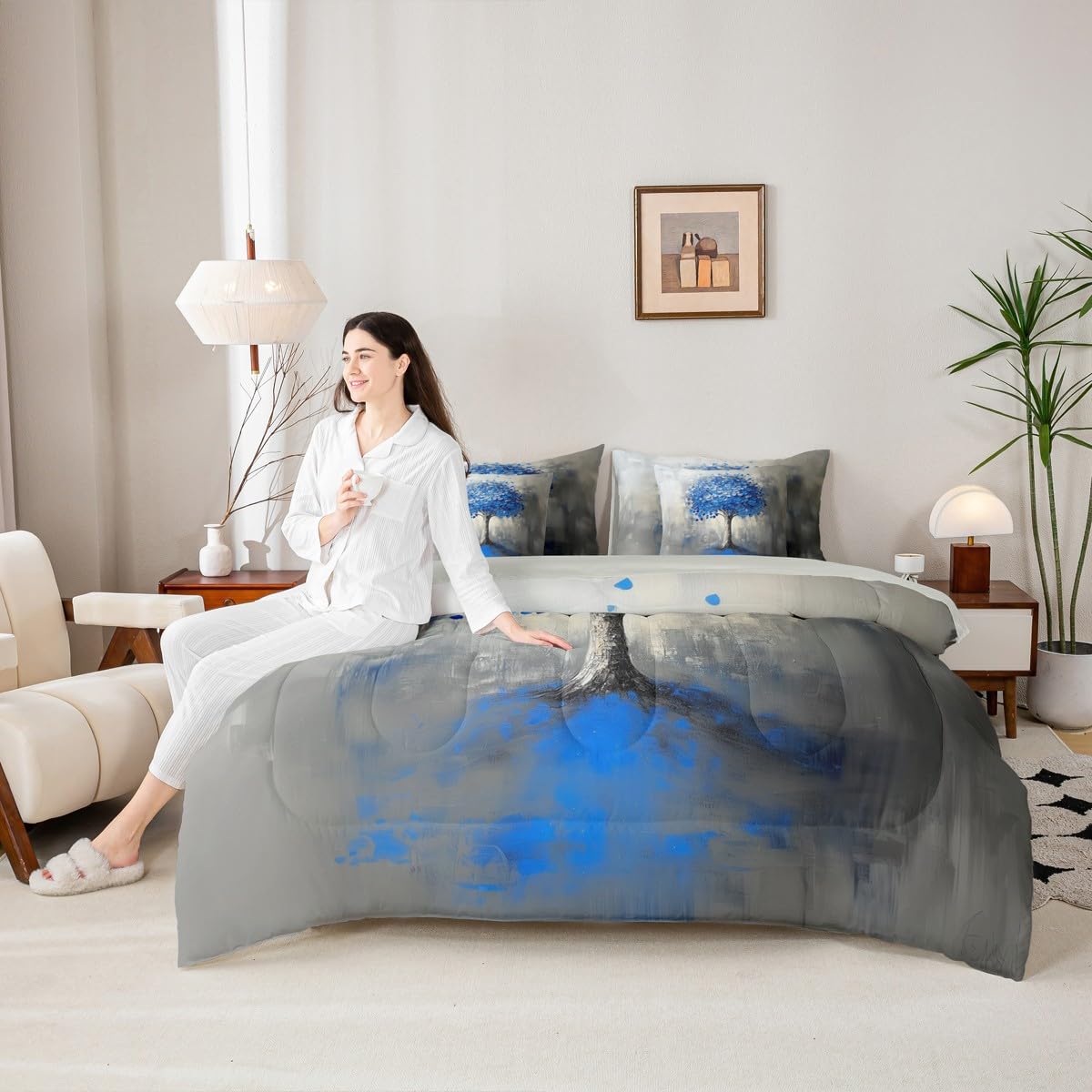 Blue Tree Branches Pattern 7 Pieces Bedding Set Twin Size Kids Leaf Branches Bed in a Bag with Comforter, Sheets, Pillowcases Fallen Leaves Bed Set Breathable Botanical Room Comforter Set with Sheets