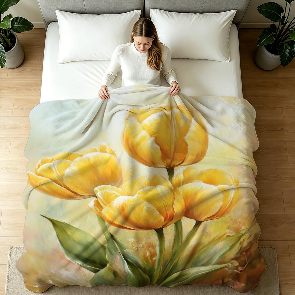 HUNXIAOJ Tulip Blanket Floral Throw Blanket Tulip Gifts for Women Rustic Flower Decor Floral Bedding Warm Soft Flannel for Girl Sofa Couch (49in x 59in)