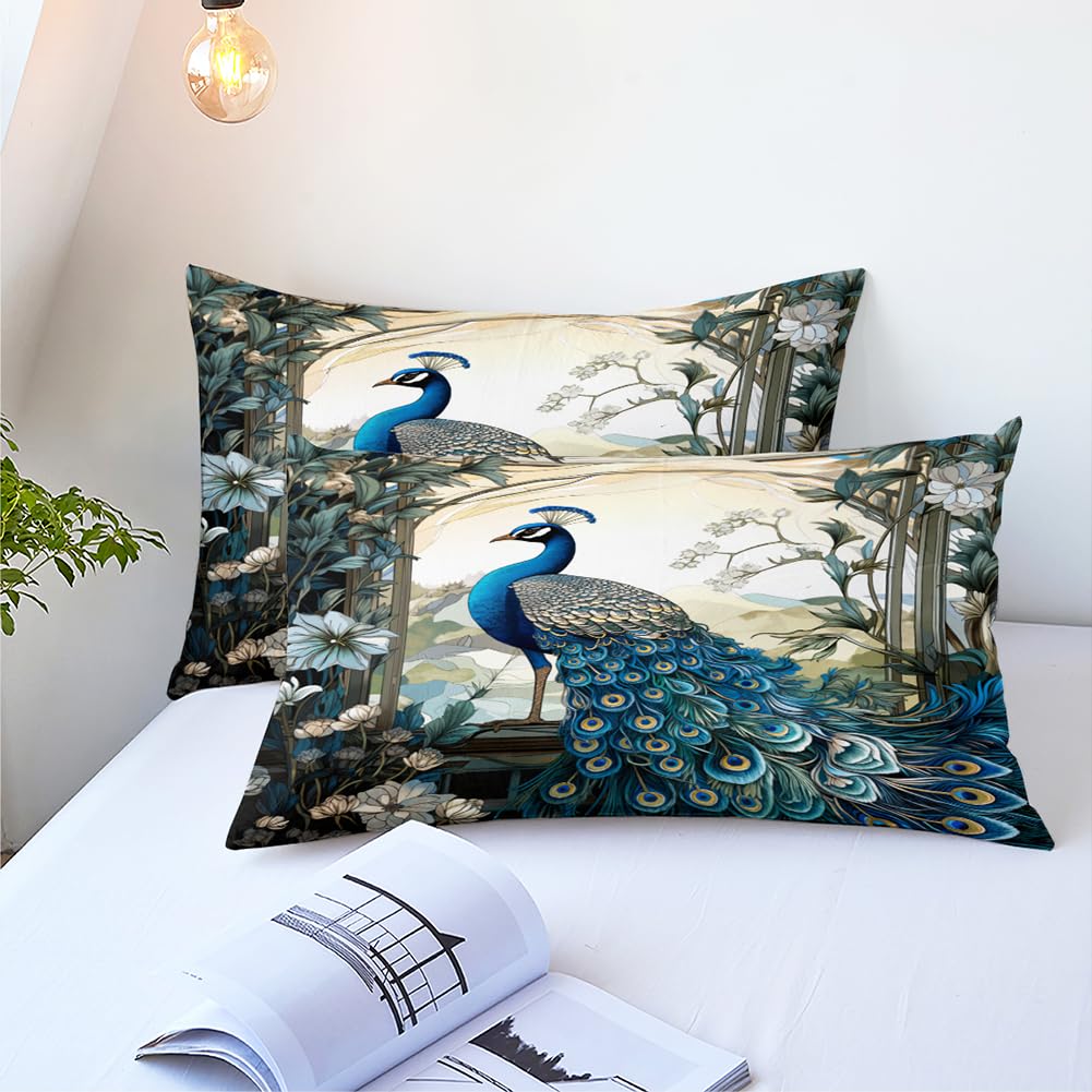CCoutueChen Blue Peacock Comforter Set King Size Bird and Floral Bedding Set Animal Feather Bedding Sets Victorian Style Flower Birds Comforters Soft Down Alternative Comforter Sets for All Season