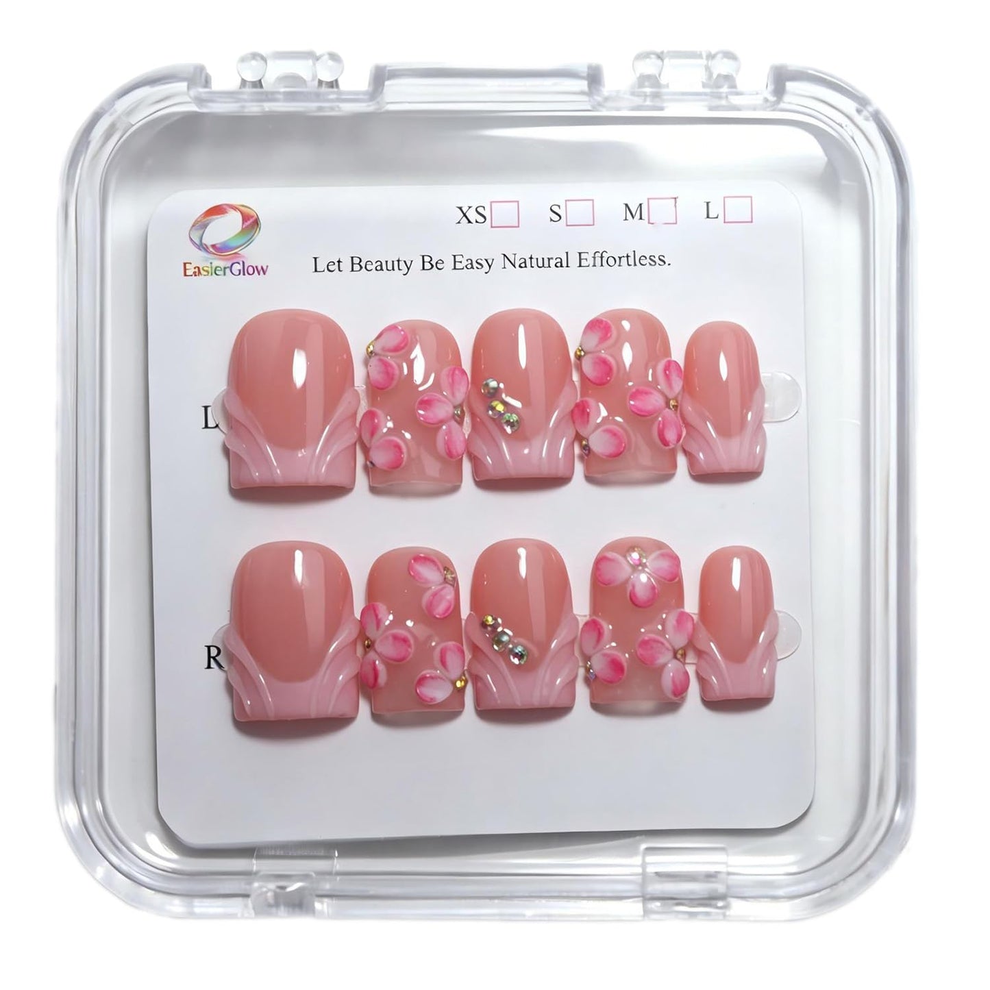 EasierGlow 10Pcs Handmade Short Square Press On Nails | Easy Apply & Remove, Reusable Salon Quality Nails | Pink Press Ons with 3D Ombre Flowers, Crystal Accents & Wave French Tips (Y214, S)