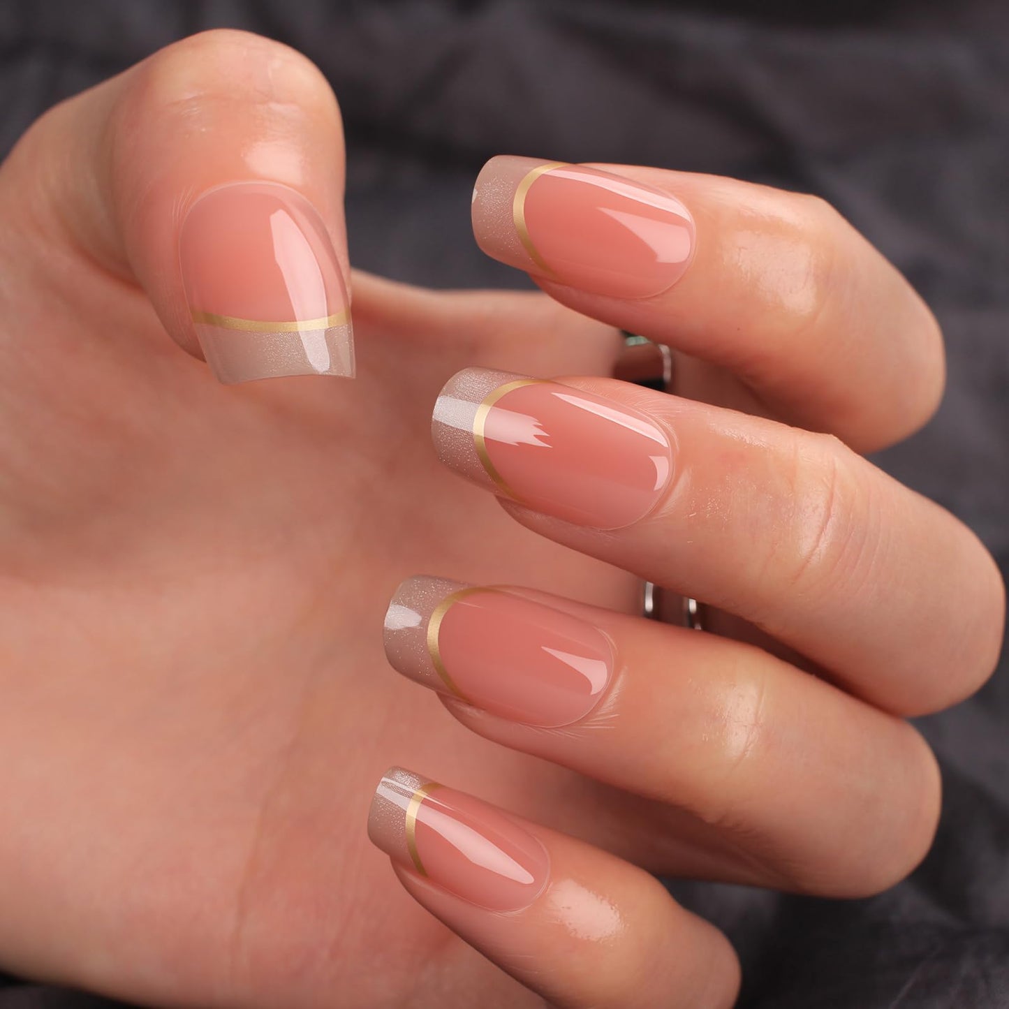 Short Almond Press On Nails Nude Glitter French Tips with Gold Outline, Glossy Acrylic Fake Nails, Reusable Stick On Nails Kit with for Women, Elegant Shimmery Manicure Set