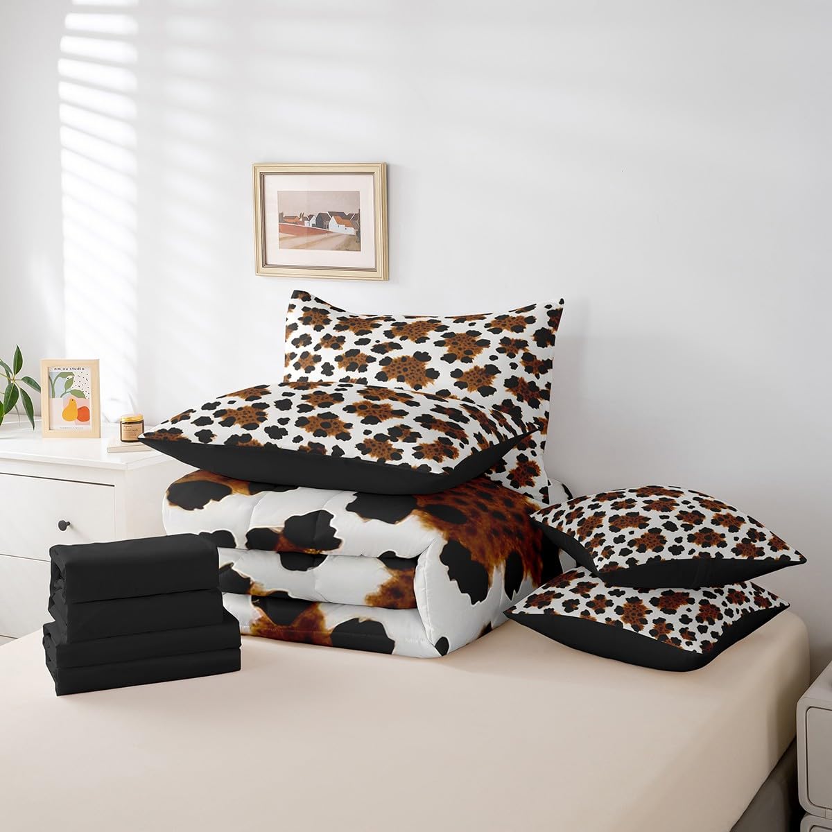 Erosebridal Brown Cowhide Teens Comforter Set 7 Piece Black White Cow Skin Bedding Set Twin Size Western Farmhouse Bed in A Bag for Kids Boys Adult Bedroom Rustic Animal Fur Sheets