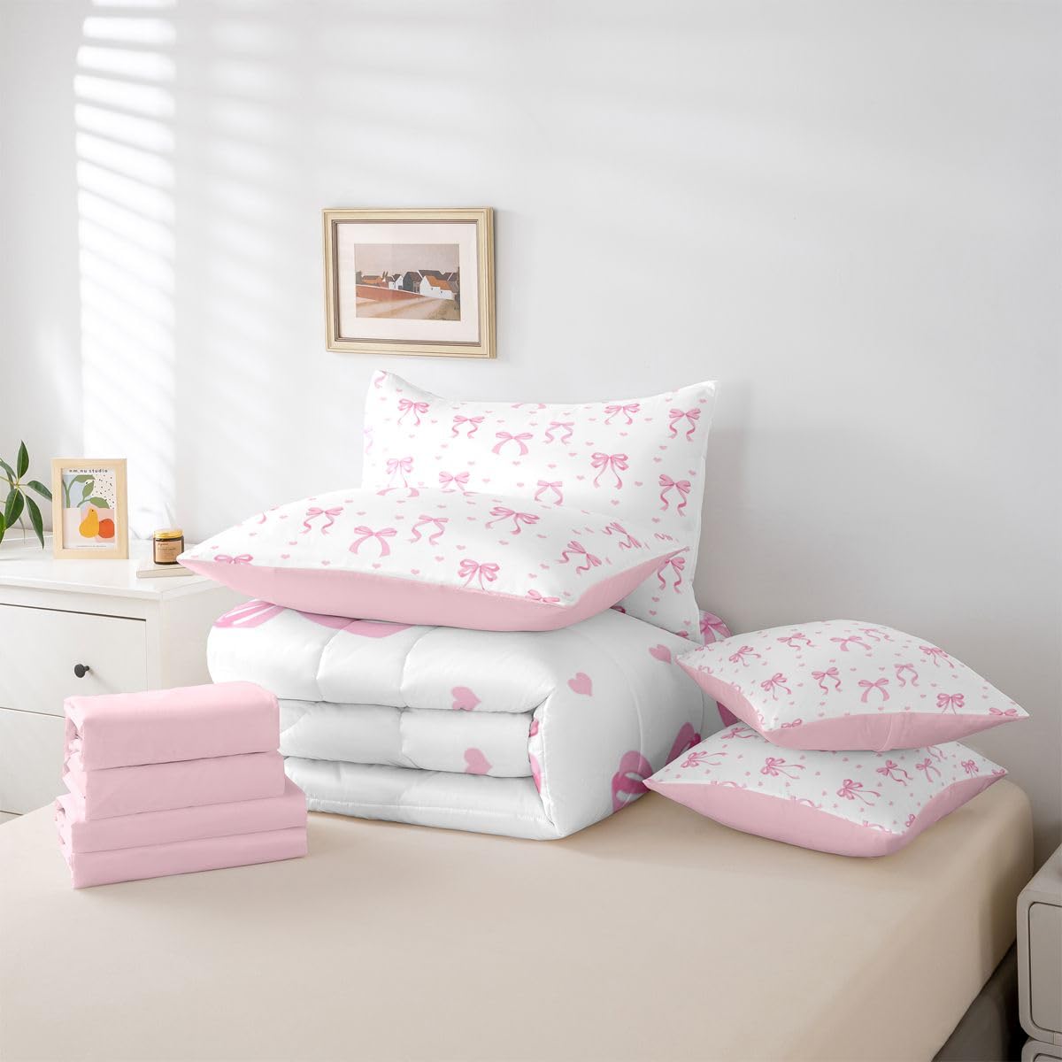 Erosebridal Cute Pink Bow Full Comforter Set 7 Pieces,Ribbon Bow Knot Bed in A Bag,Girly Pink Bows Bedding Set with Comforters, Sheets, Pillowcases Princess Bowknot Bedroom Decor