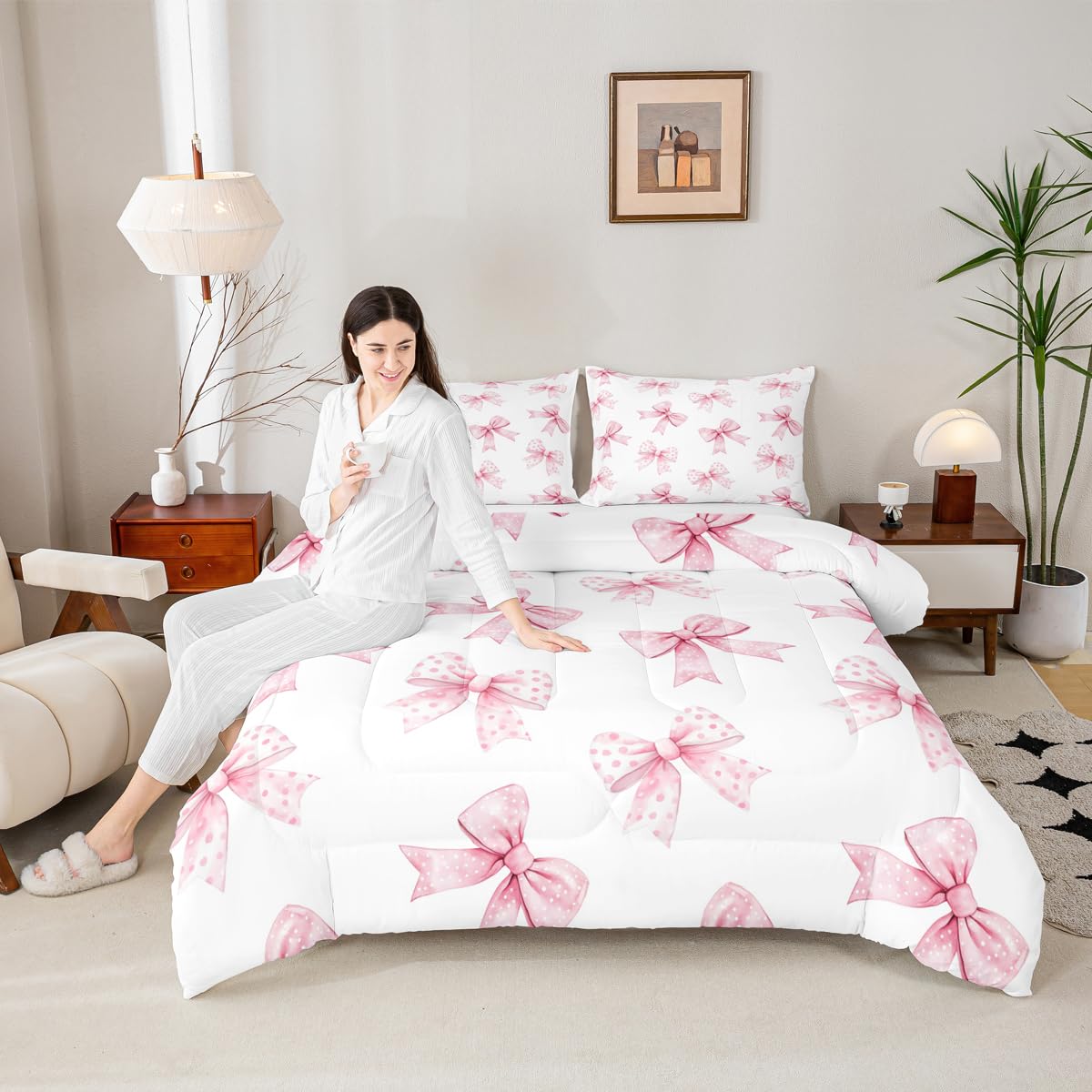 Erosebridal Pink Bow Kids Bedding | Coquette Bowknot Full Comforter Sets,Princess Girls Ribbon Bowtie Comforter Watercolor Cute Duvet Insert with 2 Pillow Cases