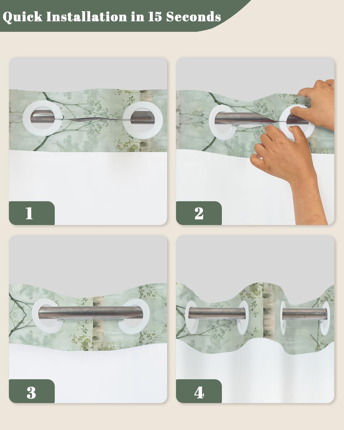 Xiazhilaio No Hook Shower Curtain and Liner Set, Birch Tree Forest Double Layer Waterproof Fabric Bath Tub Curtain for Rustic Farmhouse & Woodland Bathroom Decor, See Through Top, 71 x 74 Inch