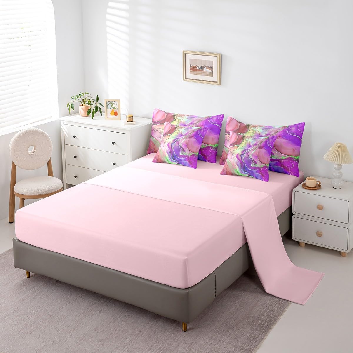 Girly Pink and Purple Bedding Full Size 7pcs Aesthetic Marble Comforter Set for Girls Women, Foil Print Bedding Comforter Sets Mountain Fluid Bed in a Bag, Rainbow Tie Dye Bedding Accessories