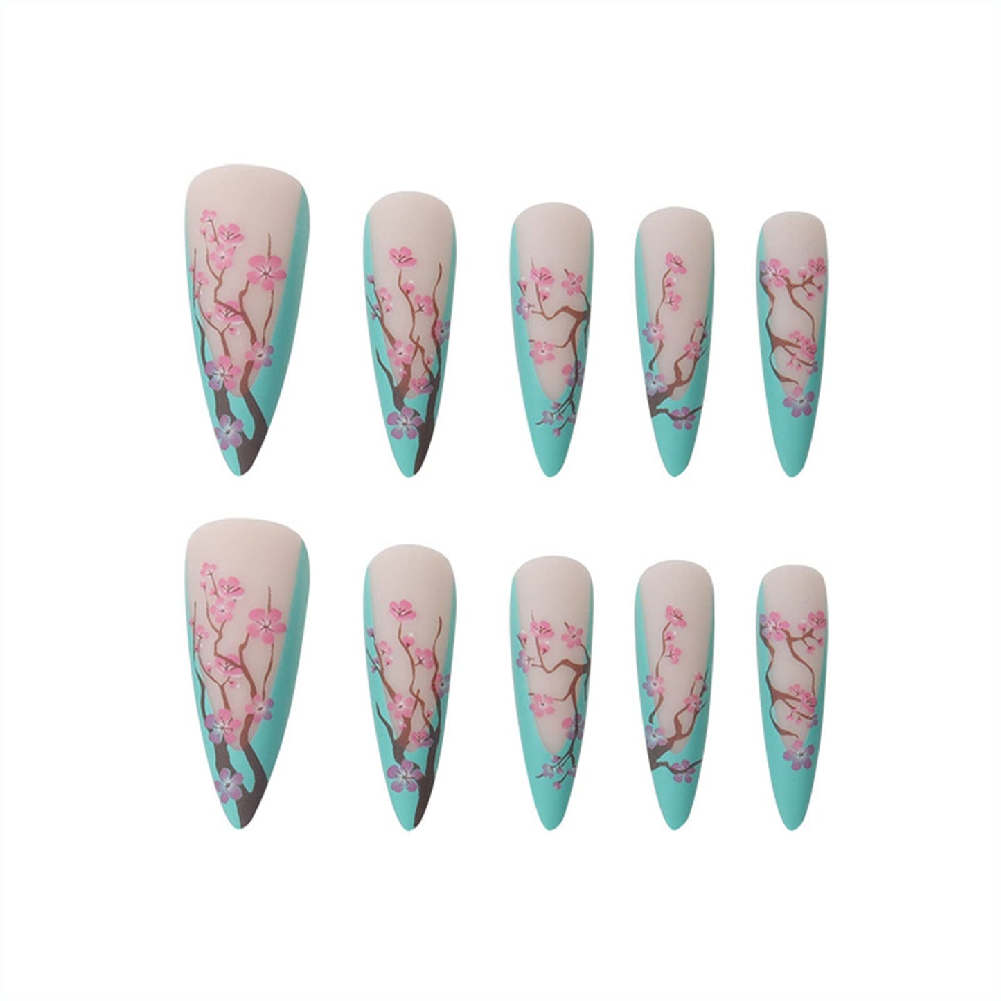 SINHOT Long Press On Nails Stiletto False Nails French Tip Fake Nails Ombre Glue on Nail Plum Blossom Acrylic Nail with Designs for Women and Girls