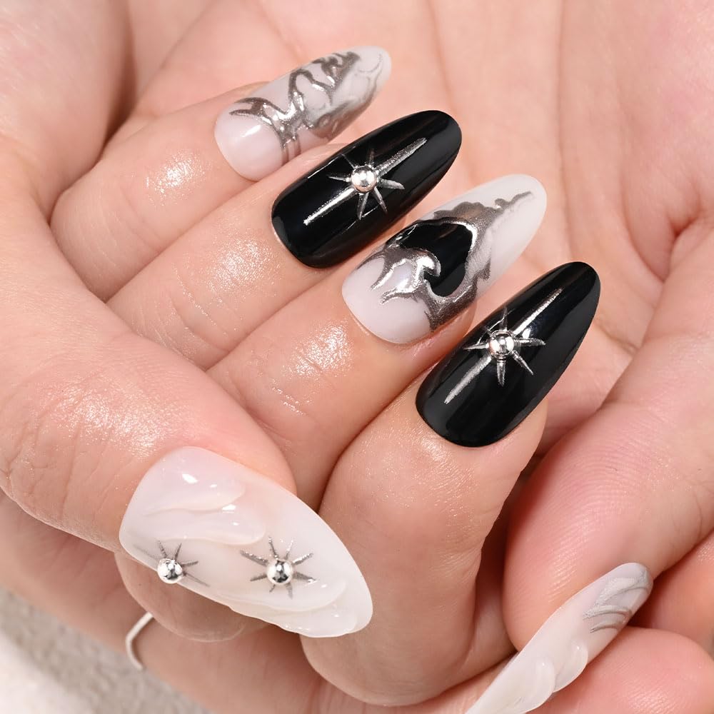 evpct 3D Gothic Press on Nails Short Almond with Silver Line Design, Black White Silver French Tip Stick on Nail for Women, Reusable Full Cover Soft Press on Fake Nail Perfectly Fit with Design