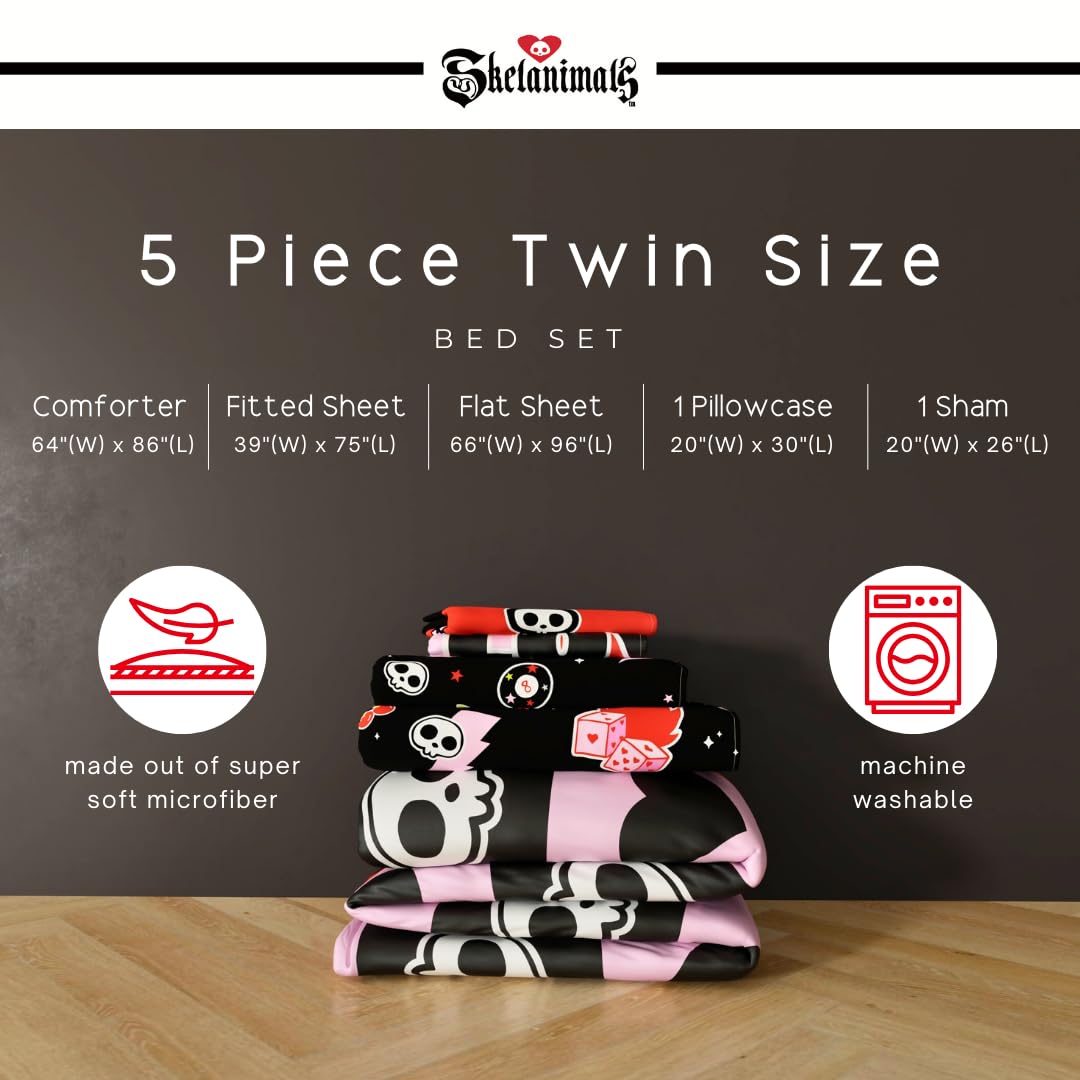 Skelanimals Bedding 5 Piece Twin Bed Set, Soft Checkered Comforter and Sheet Set with Sham, Kit The Cat, (Officially Licensed Product) by Franco Collectibles