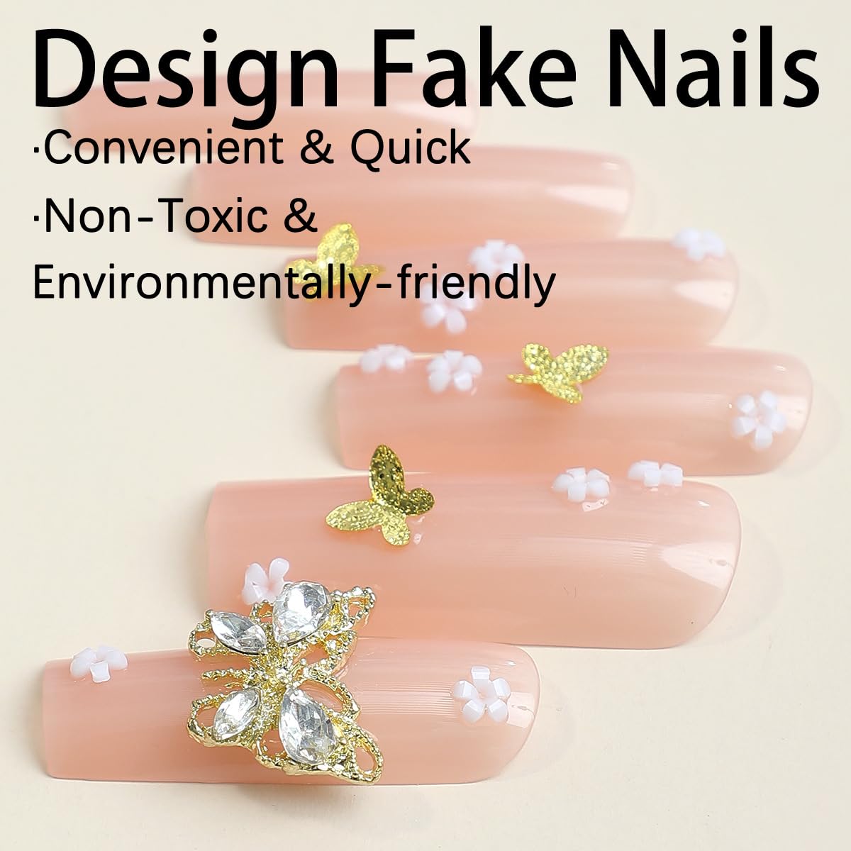 RTKHFZE Press on Nails Long Square Fake Nails Pink Acrylic Nails with Flower Rhinestones And 3D Butterfly Designs False Nails Full Cover Stick on Nail Glitter Artificial Nail for Women Manicure