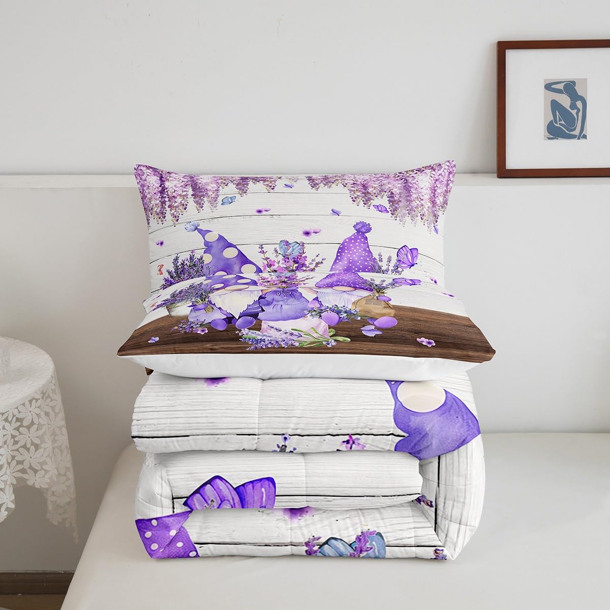 Manfei Cute Gnomes Comforter Set Queen Size, Purple Vine Flower Butterfly Quilt Set with 2 Pillowcases, Lavender Bouquet Bedding Set 3pcs for Kids Boys Girls Grey Wood Plank Duvet Insert