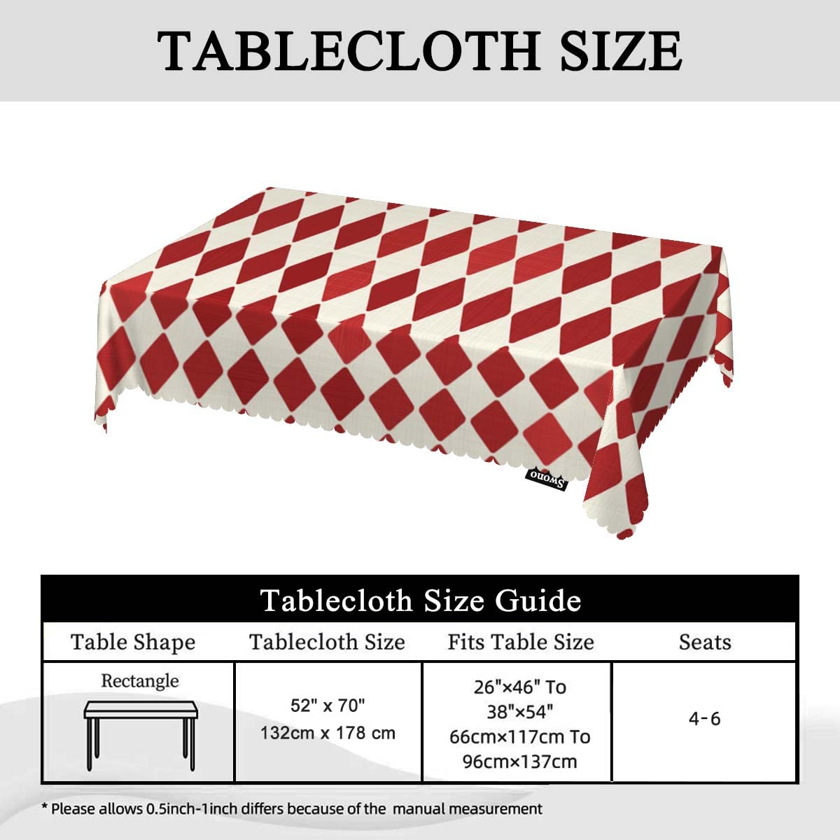 Swono Tablecloth Red Rhombuses, Retro Diamond Argyle Red Table Cloth for Kitchen Dining Tabletop Decoration Parties Weddings, 52 X 70 Inch Rectangle Picnic Tablecloth