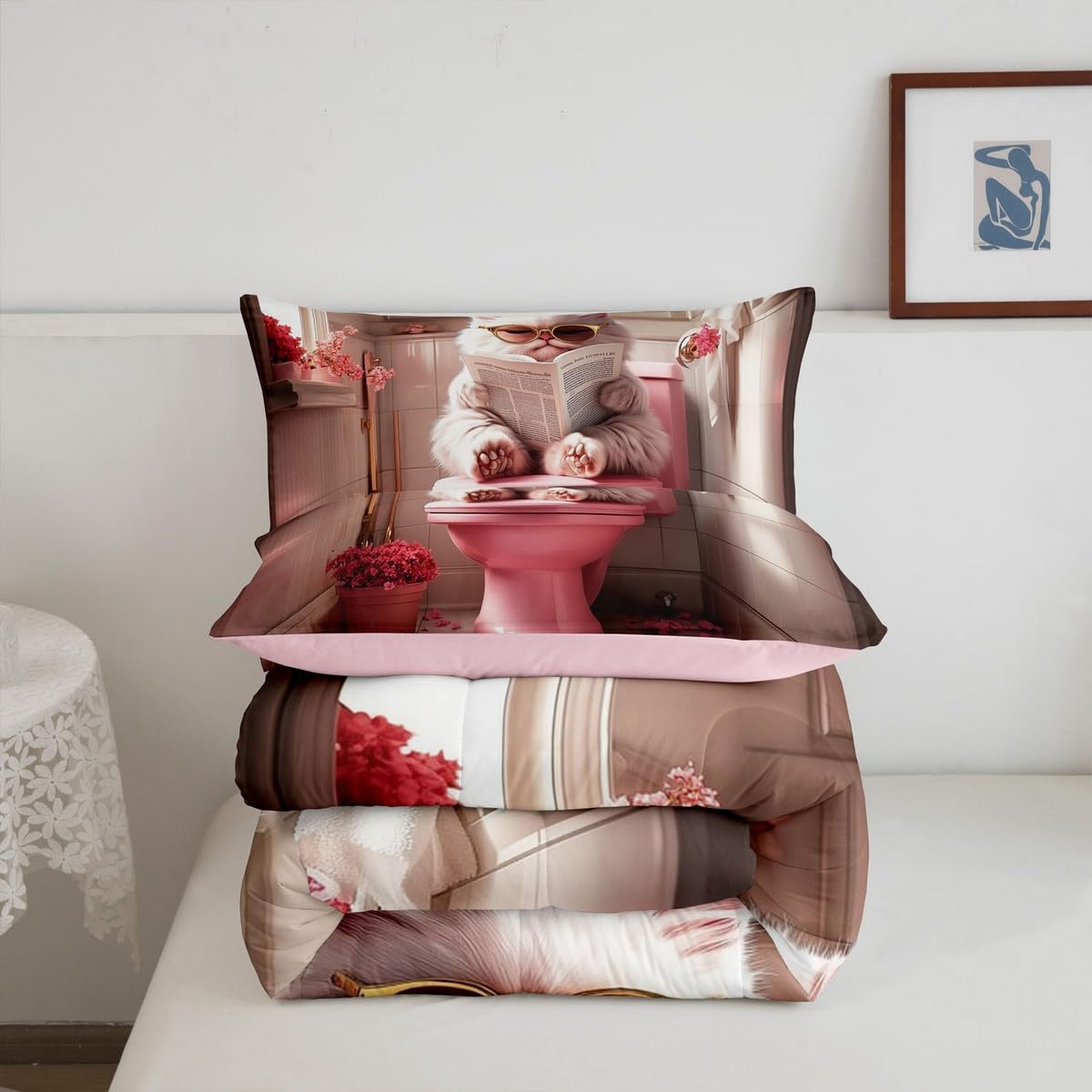jejeloiu Cute Cat Bedding Set 2Pcs Twin Size Kids Kawaii Kitten Comforter Set for Boys Girls Pink Duvet Quilt Soft Lightweight,Microfiber
