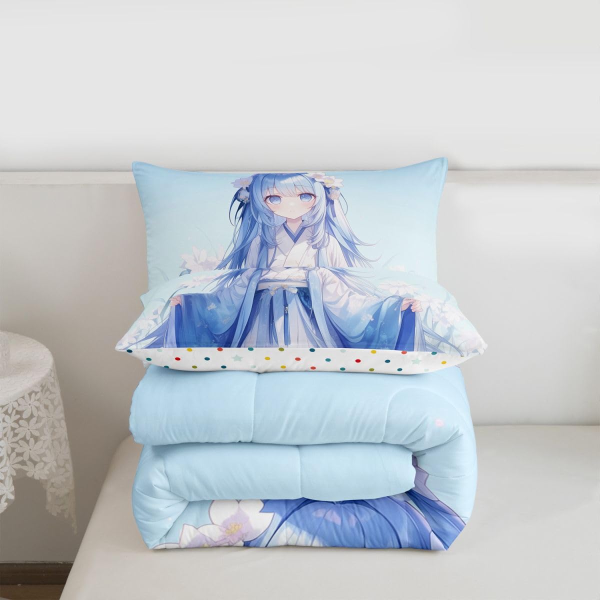 Erosebridal Traditional Japanese Comforter Set, 3D Anime Bedding for Kids Girls, Kawaii Decor With Blue Butterfly, Down Comforter Full Size