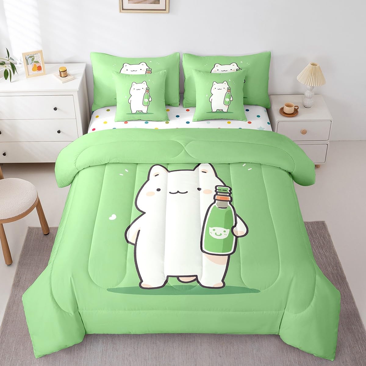 Erosebridal Cartoon White Cat Bedding Set King Size, Kawaii Pet Kitten Comforter Set, Cute Animals Kids Teens (Comforter+Fitted+Flat Sheet+2 Pillowcases+2 Throw Pillow Covers) 7 Pieces Bed Set