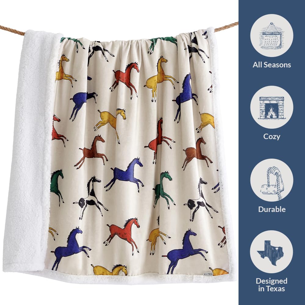 Paseo Road Indigo Hill by HiEnd Accents Wild Horse 3 Piece Sherpa Throw Blanket Set, Colorful Horses Animal Print Fleece Throw Set, Western Rustic Style, 1 Throw and 2 Pillows