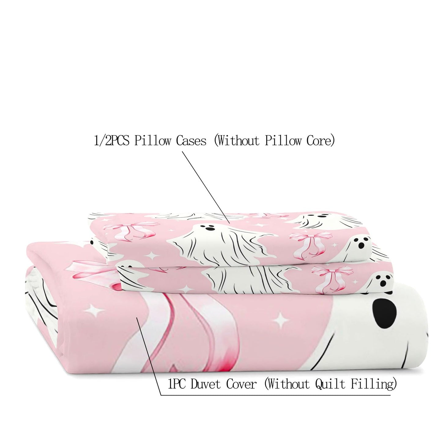 LUVIVIHOME 3PCS Cute Bow Ghost Duvet Cover Queen Bedding Sets, Teen Girls Bedding, Light Pink Duvet Cover, Spooky Halloween Comforter Cover, Coquette Room Decor Aesthetic, Bed in a Bag, 2 Pillow Cases