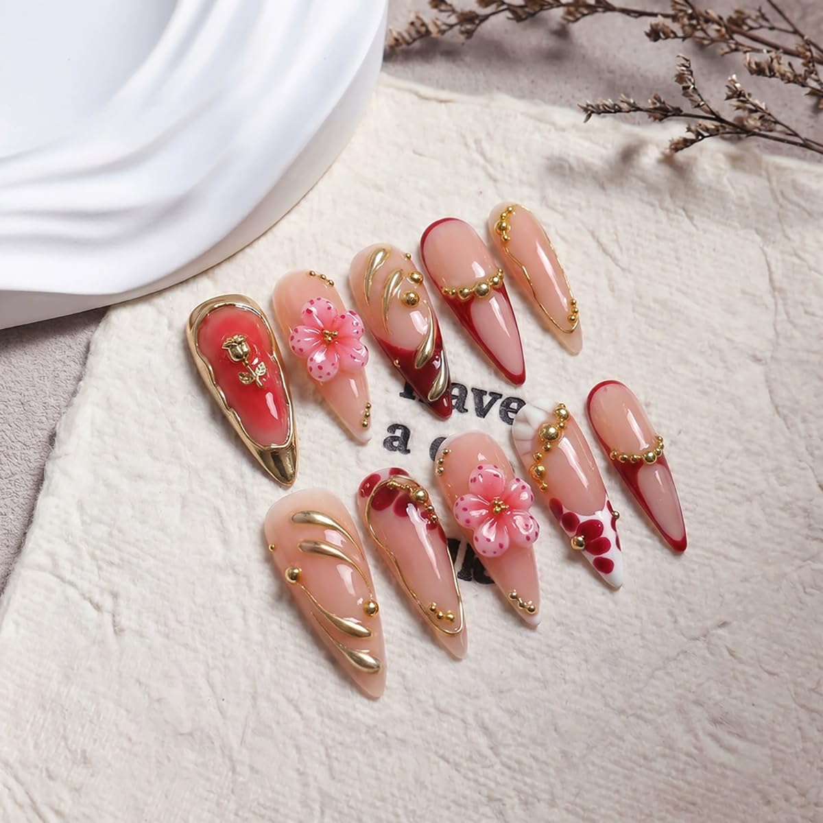 Long Stiletto Press on Nails Handmade False Nails Red French Tip Fake Nails with 3D Flower Gold Line Designs Sparkly luxury Artificial Nails for Women 10pcs (Size M）