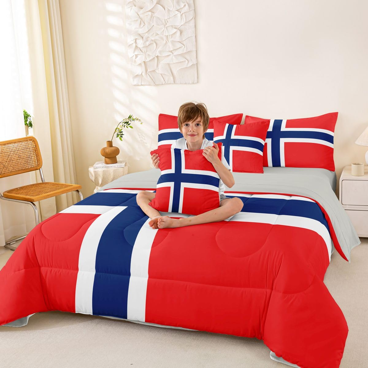 Feelyou Norwegian Flag Comforter Set with Sheets 7 Piece King Size Norway Bed in a Bag Kids Boys Girls International Flag Bedding Set Bedroom Decor Breathable Soft Lightweight Microfiber