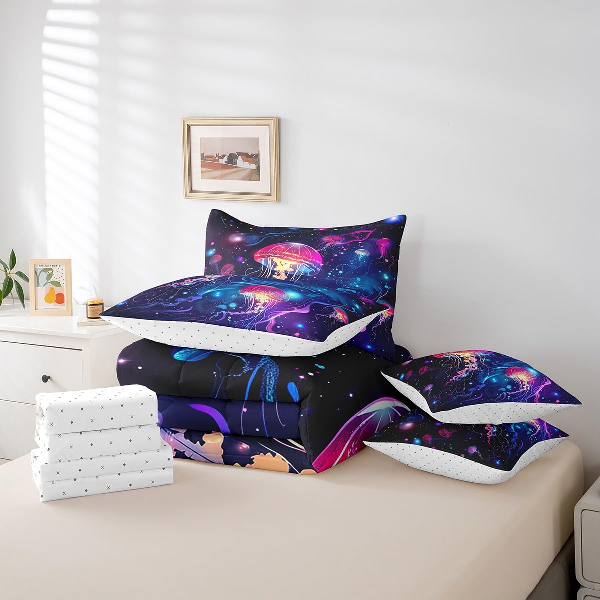 jejeloiu Jellyfish Comforter Set 7 Pieces Full Size Kids Ocean Creature Themed Bed in a Bag for Boys Girls Sea Bedding Set Marine,Comforter + Sheets + Pillowcases + Cushion Covers