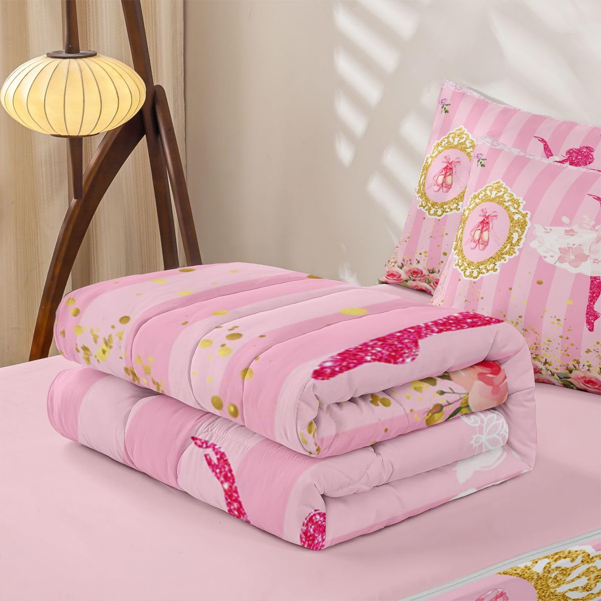 Feelyou Ballet Dancer Queen Comforter Set with Fitted Sheet for Girls Boys Kids Ballet Shoes Comforter Room Decorbotanical Floral Zipper Bedding Sets Glitter Gold Pink Bed in A Bag Room Decor Boys