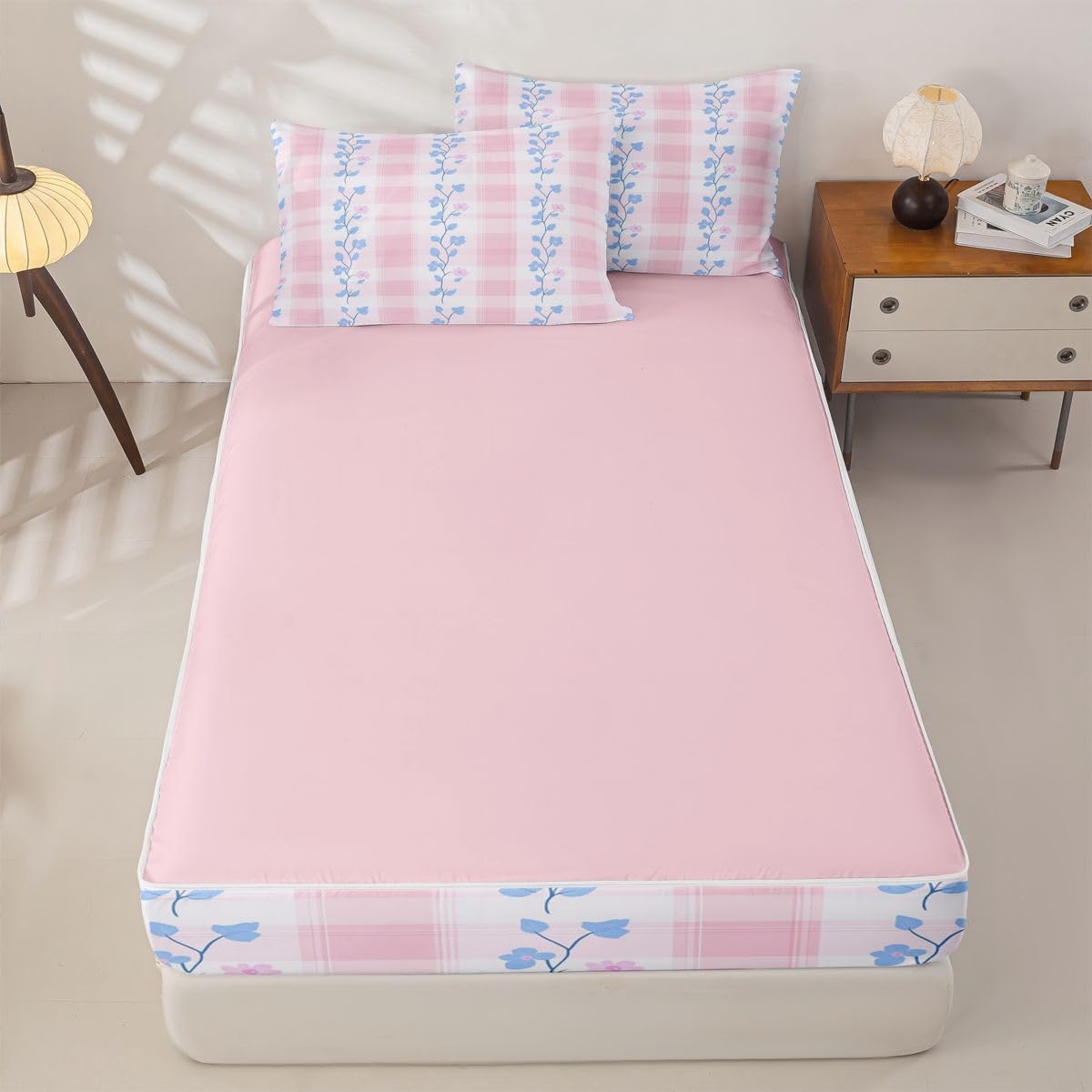 Feelyou Pink Flower Queen Zipper Bedding Set Botanical Floral Printed Kids Comforter Set with Fitted Sheet and 2 Pillowcases Natural Theme Bed in a Bag Zip Up Bedding Soft Microfiber