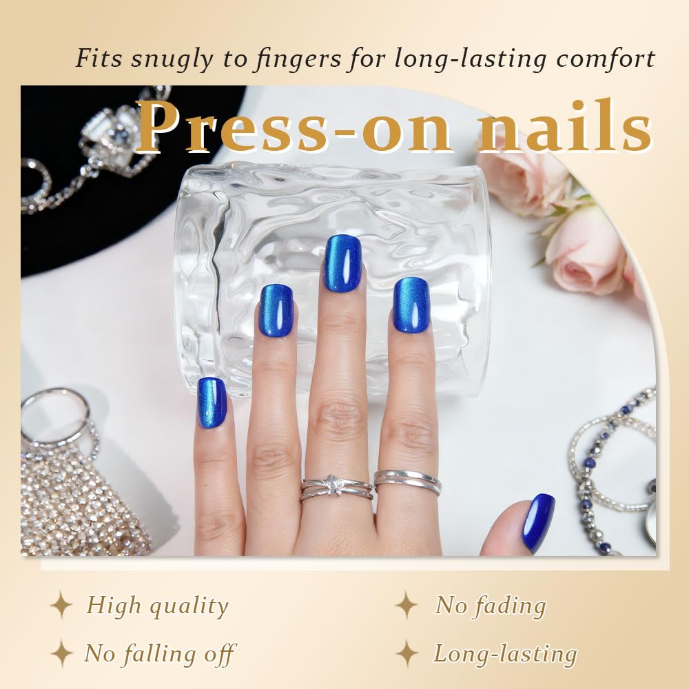 evpct Blue Cat Eye Extra Short Square No Glue Press on Nails, Petite Short Square Stick on Nails for Women Gift, Blue Glossy Glitter Fake Nail Reusable, Soft Press on Acrylic False Nail with Designs