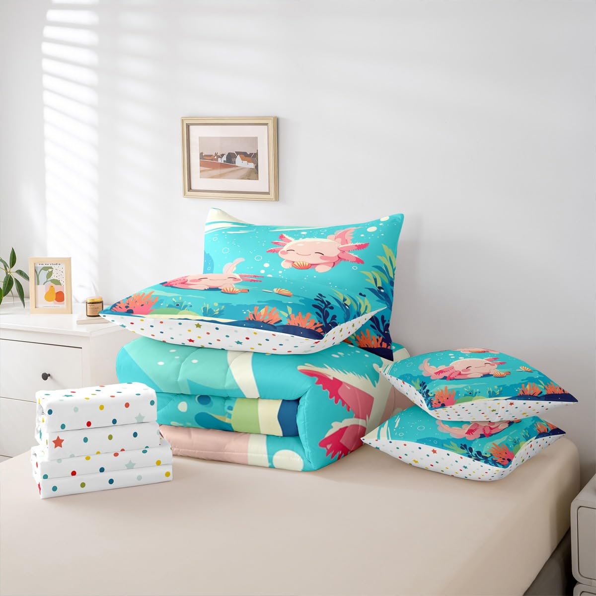 Erosebridal 7 Pieces Kawaii Pink Axolotls Bed in A Bag for Teen Girl - Queen Size Kids Blue Cartoon Ocean Sea Comforter Set with Sheets Girly Cute Animal Bedding Set Axolotls Marine Life Bed Sets