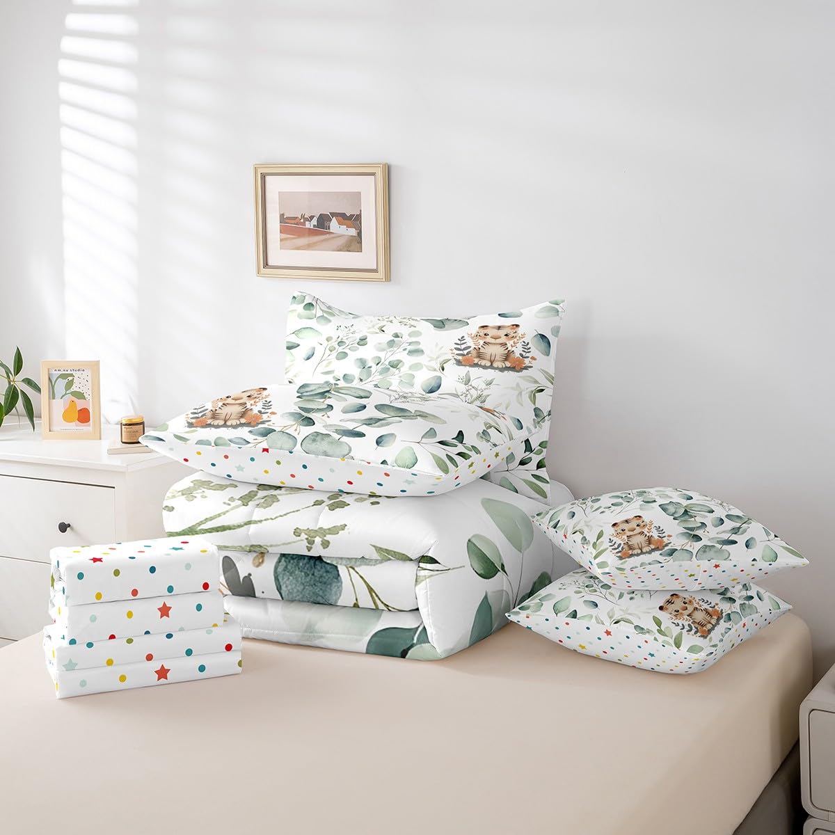 Erosebridal Kids Cute Animal King Comforter Set 7 Pieces for Girls Boys Cartoon Tiger Bedding Comforter Sets, Eucalyptus Bed in a Bag Watercolor Leaves Bedding Set, Kawaii Jungle Animal Bed Sheets Set