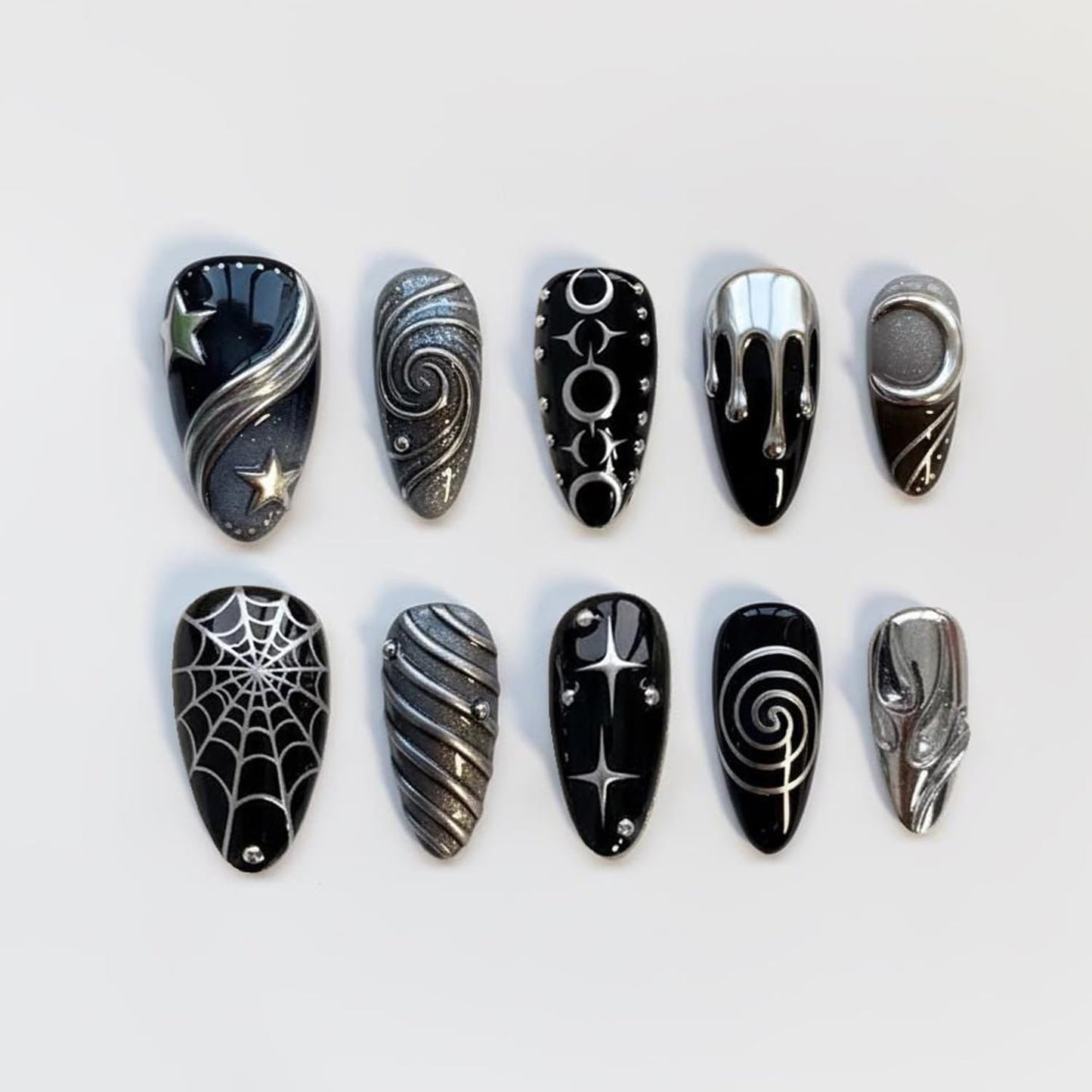 Black Gothic Press on Nails, Medium Almond Silver Fake Nails with Spider Web Moon Star Swirl Chrome Drip Rhinestone Designs, Punk Goth Y2K False Nails with Glue Tabs - 24Pcs Nail Kit for Women