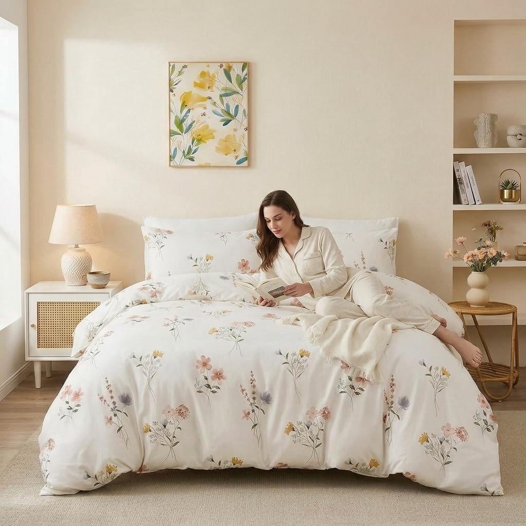 Cozaline 100% Cotton Duvet Cover Set Queen – Pink Watercolor Wildflower Meadow Bedding Set 3 Pieces, Lightweight Ultra Soft Comforter Cover with Zipper Closure, Soft Pastel Botanical Bed Set