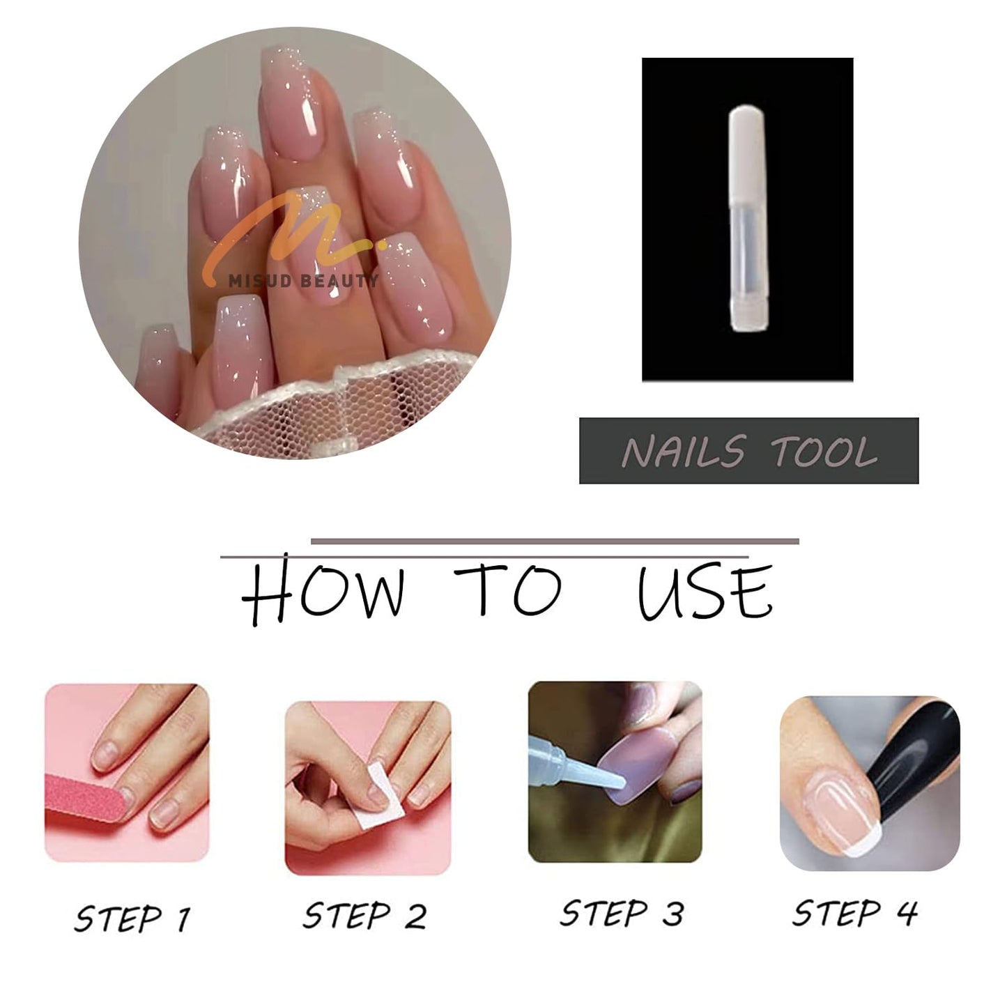 MISUD Press on Nails - Long Coffin Fake Nails with Pink White Ombre, Acrylic Bling Glitter Design 24 pcs