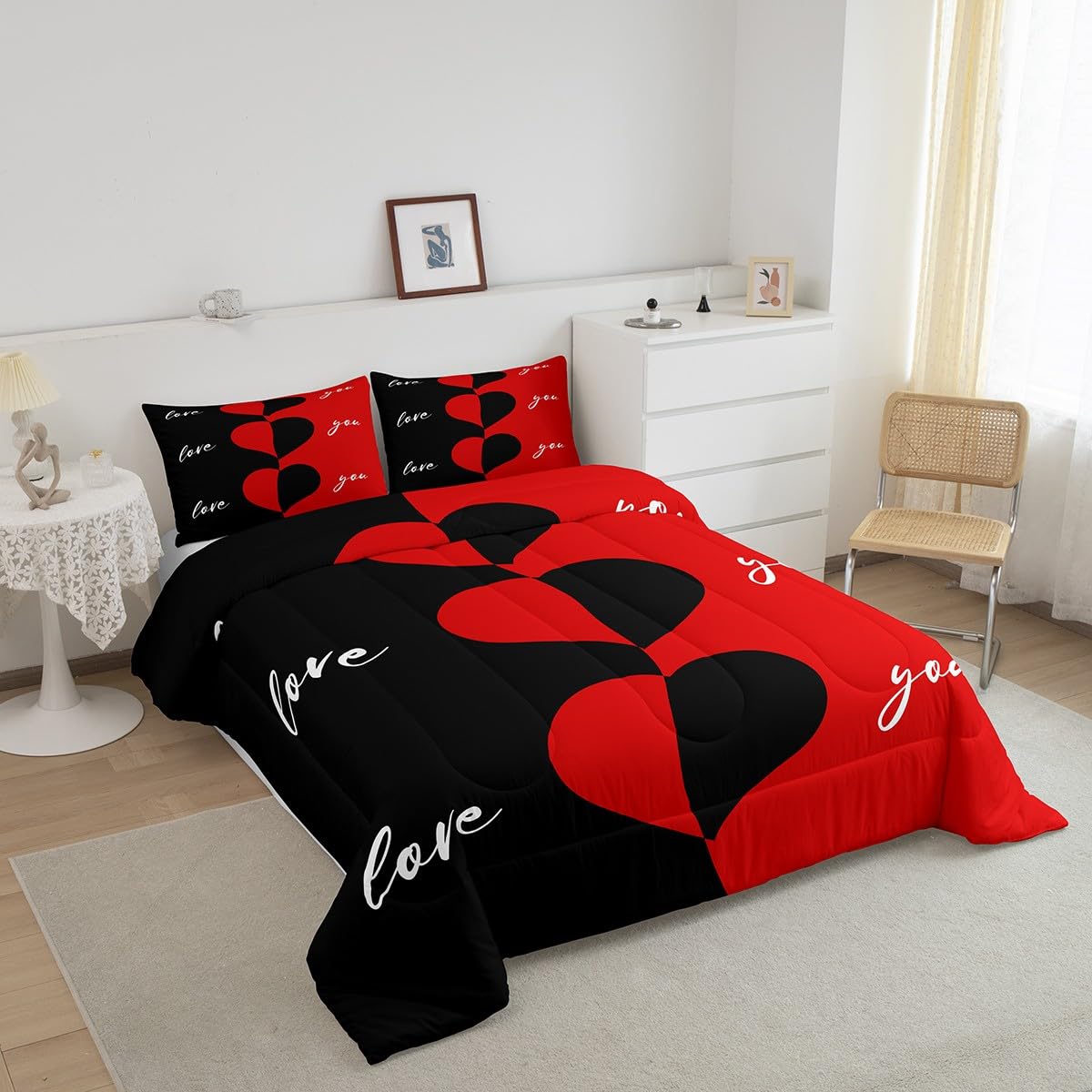 Erosebridal Red and Black Comforter Set Queen Size Romantic Valentine's Day Love Heart Bedding Set for Women Men Couples Wedding Gifts His and Hers Down Comforter Love Duvet Insert Bedroom Decor