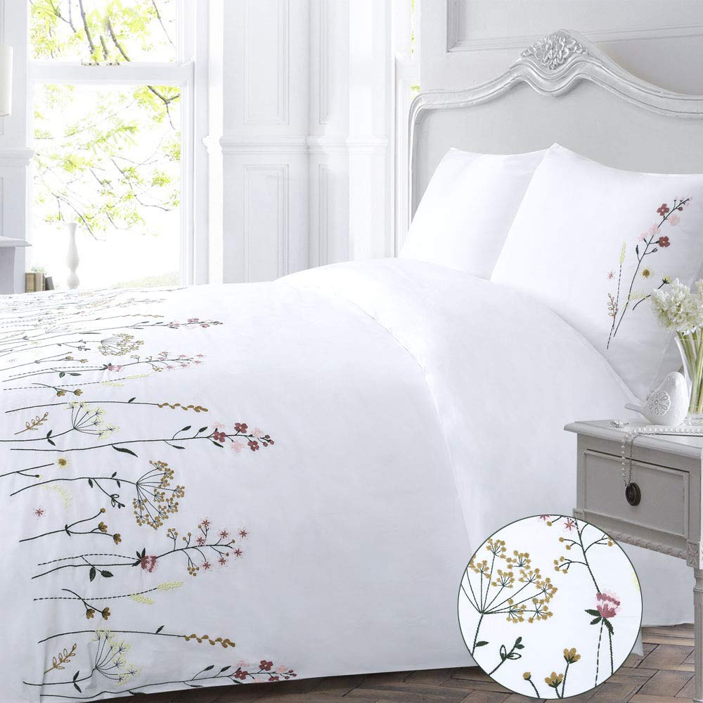 YINFUNG Cotton Duvet Cover Set White King Floral Embroidered Flower Spring Flowered Elegant Pink French Country Girls Coquette Pretty Botanical Bedding Set Comforter Cover