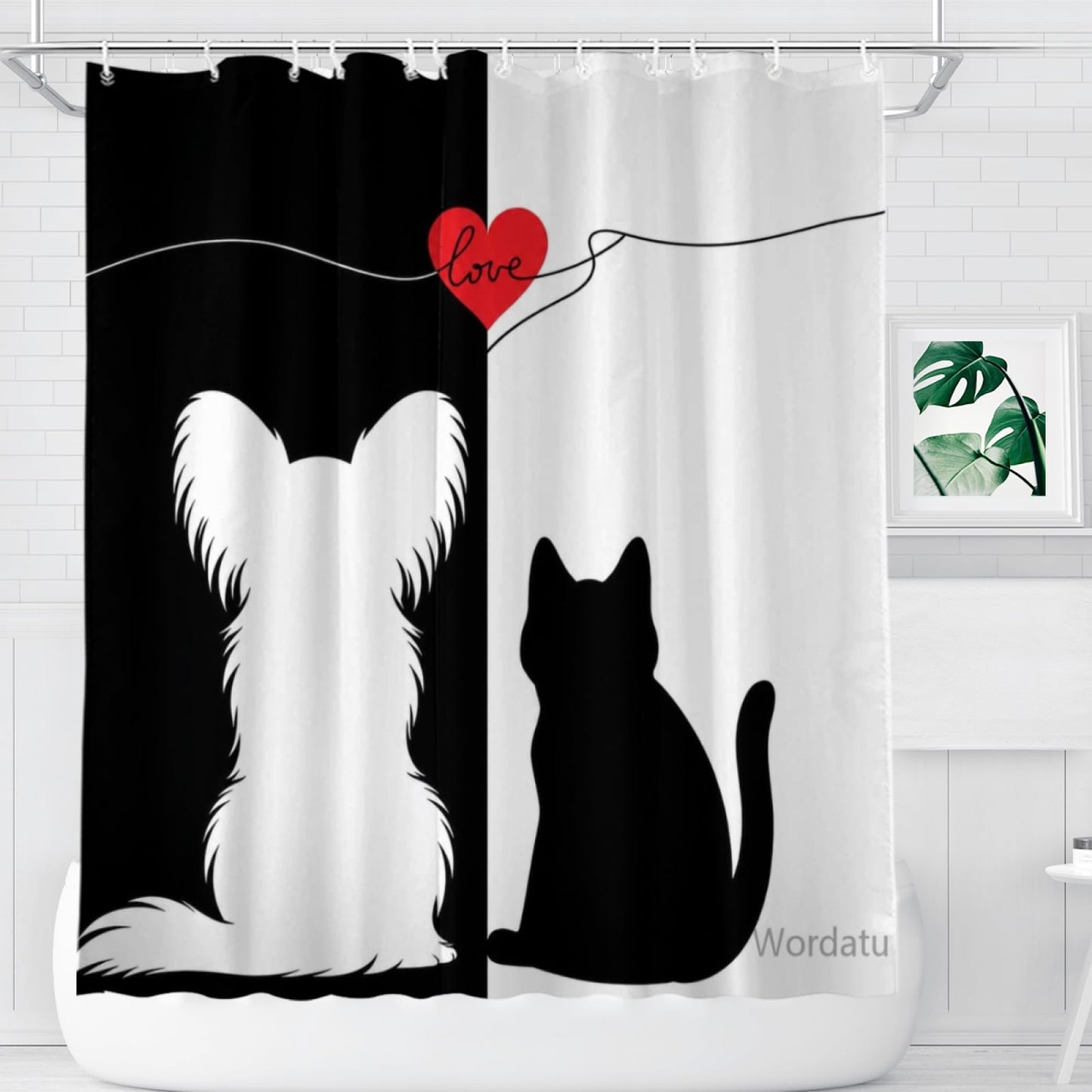 Wordatu Cute Cat and Heart Papillon Shower Curtain, Funny Animal Polyester Shower Curtains for Bathroom,Waterproof Fabric Bath Decor with Plastic Hooks 72x72 in