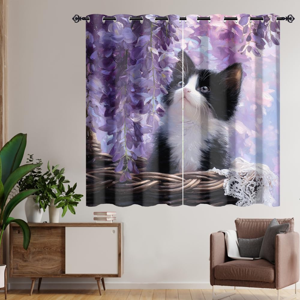 XSUPFLYM Colorful Beautiful Cute Kitten Window Perforated Curtains Funny Watercolor Spring Garden Lilac Flowers Animal Cat Thermal Curtains Suitable for Bedroom Living Room 2 Panels.Each 21"W x 45"L