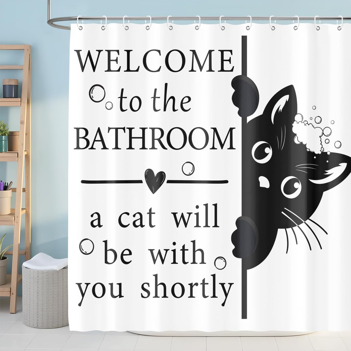 BIYSUC Funny Cat Shower Curtain Cat Lovers Welcome to Bathroom Cute Animal Home Decor Waterproof Polyester Fabric 72Lx72W Inch with Plastic Hooks