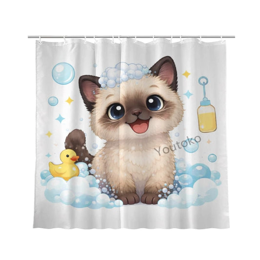 Youtoko Funny Siamese Cat Bathroom Decor Shower Curtain 72x72 Inch with 12 Hooks Cute Farm Animal Bubble Bath Rubber Duck Waterproof Washable Polyester