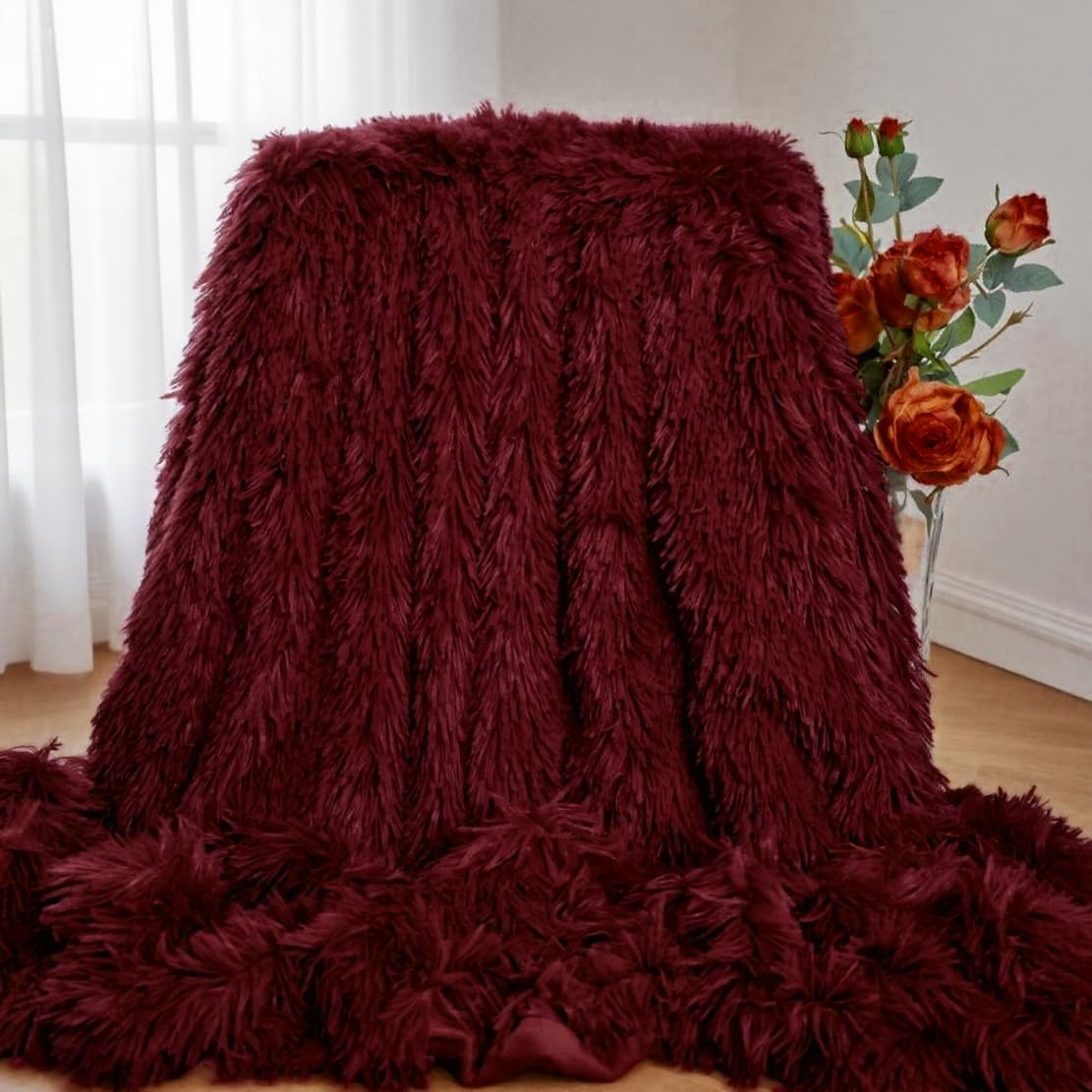MYRU Plush Super Soft Blanket Bedding Sofa Cover Furry Fuzzy Fur Warm Throw Qulit Cozy Couch Blanket for Winter (51"x 63", Wine Burgundy Red)
